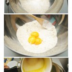 ... apoi se adaugă alunele măcinate, gălbenuşurile de ou, untul topit.