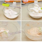 Peste ingredientele uscate cernute se pune albuşul, se amestecă uşor (ca în video) până se obţine o pastă elastică.