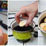 Se curăţă ouăle de coajă, se taie jumătăţi şi se pun la fiert în supa cu sos de soya.