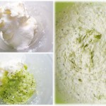Brânza mascarpone se amestecă cu zahărul tos şi cu piure-ul de kiwi. Se lasă la frigider.